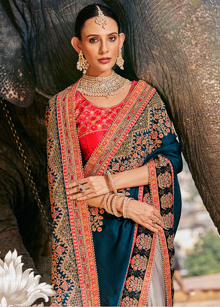 Teal Blue Silk Saree With Blouse Piece - Indian Silk House Agencies