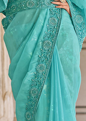 Turquoise Silk Saree With Blouse Piece - Indian Silk House Agencies