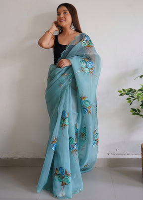 Sky Blue Organza Saree With Blouse Piece - Indian Silk House Agencies