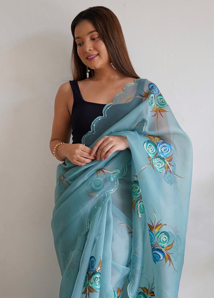 Sky Blue Organza Saree With Blouse Piece - Indian Silk House Agencies