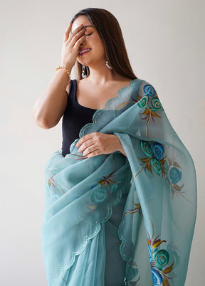 Sky Blue Organza Saree With Blouse Piece - Indian Silk House Agencies