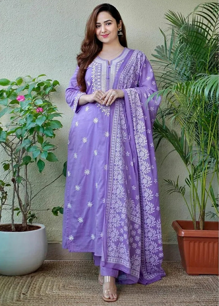 3 Pc Lavender Readymade Cotton Suit Set - Indian Silk House Agencies