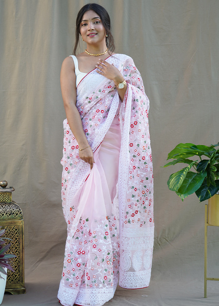 Baby Pink Organza Saree With Blouse Piece - Indian Silk House Agencies
