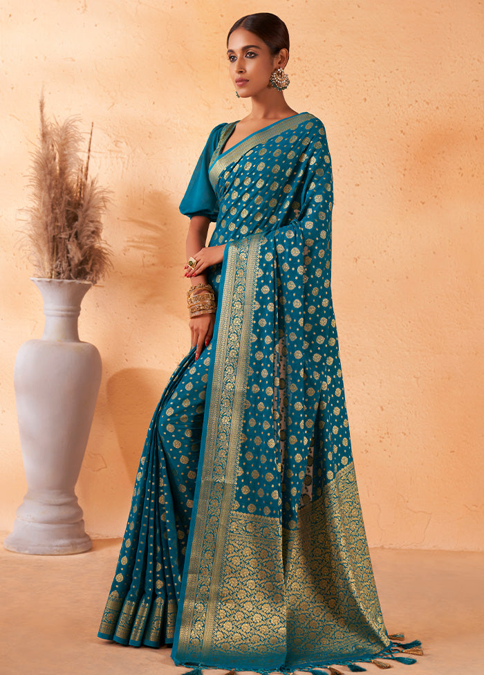 Teal Blue Georgette Saree With Blouse Piece - Indian Silk House Agencies