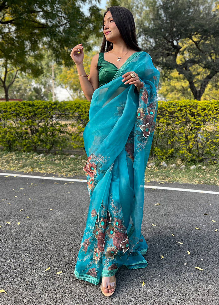 Blue Organza Saree With Blouse Piece - Indian Silk House Agencies