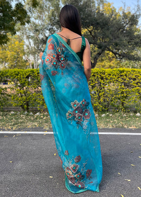 Blue Organza Saree With Blouse Piece - Indian Silk House Agencies