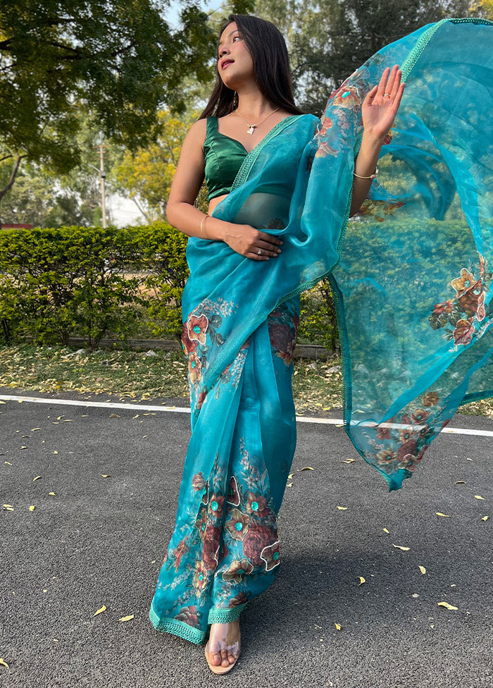 Blue Organza Saree With Blouse Piece - Indian Silk House Agencies