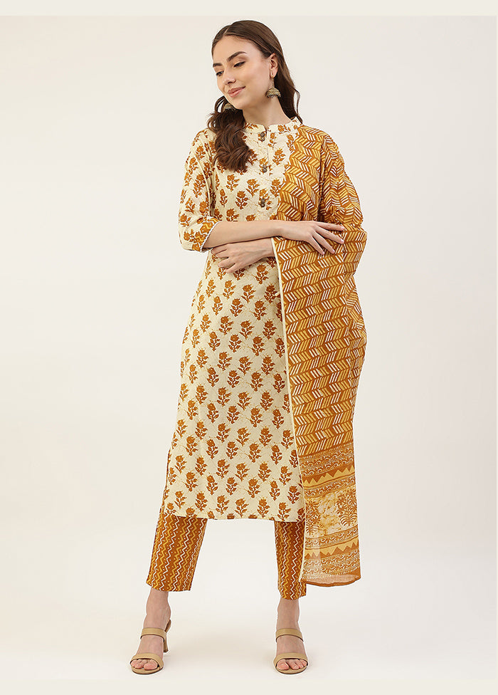 3 Pc Mustard Readymade Cotton Suit Set - Indian Silk House Agencies