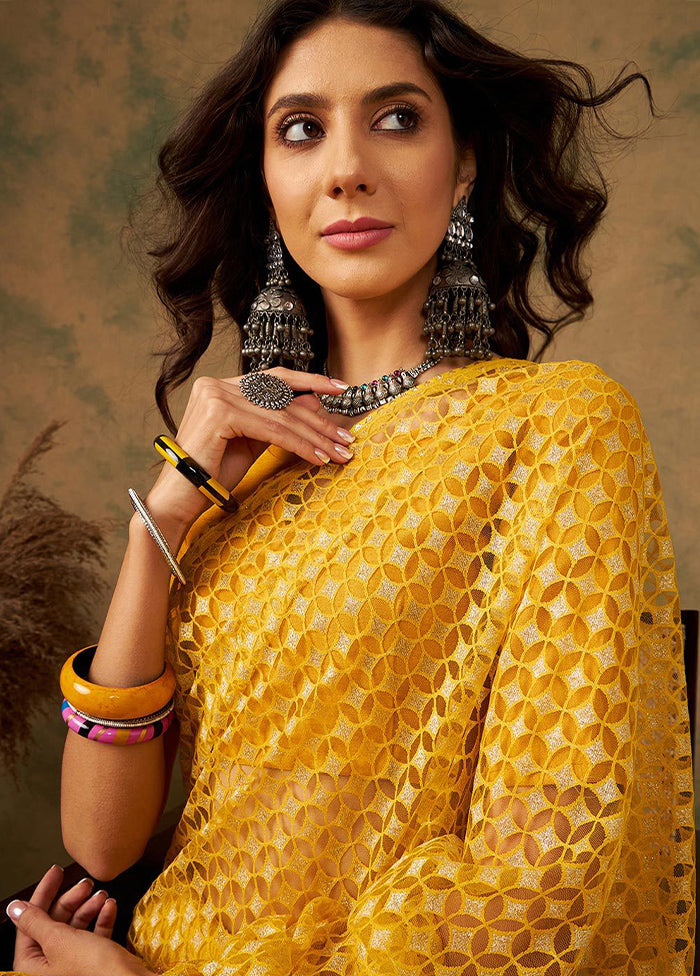 Yellow Organza Saree With Blouse Piece - Indian Silk House Agencies