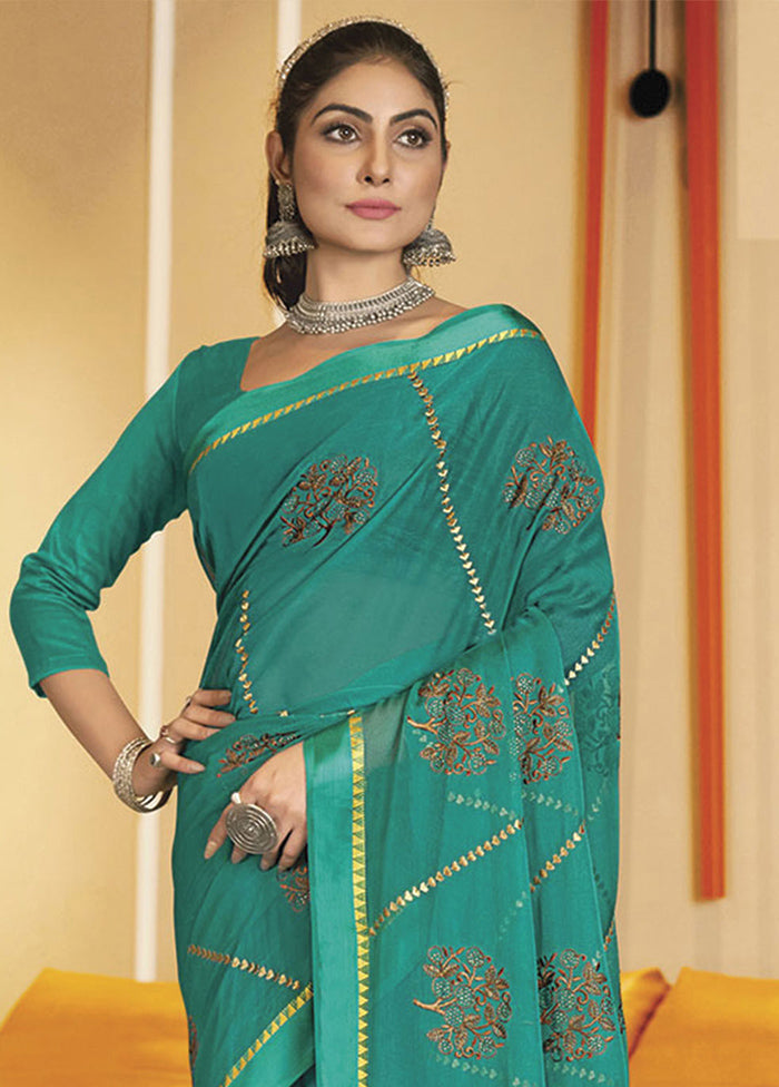 Aqua Chiffon Silk Saree With Blouse Piece - Indian Silk House Agencies