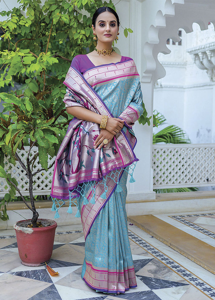 Turquoise Dupion Silk Saree With Blouse Piece - Indian Silk House Agencies