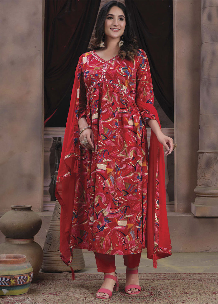3 Pc Red Readymade Rayon Suit Set - Indian Silk House Agencies