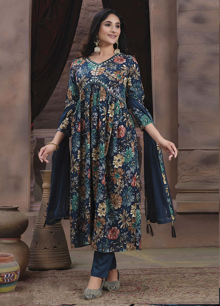 3 Pc Teal Readymade Rayon Suit Set - Indian Silk House Agencies