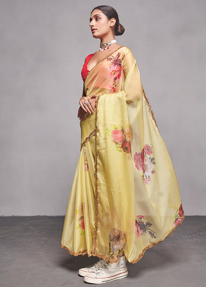 Yellow Organza Saree With Blouse Piece - Indian Silk House Agencies