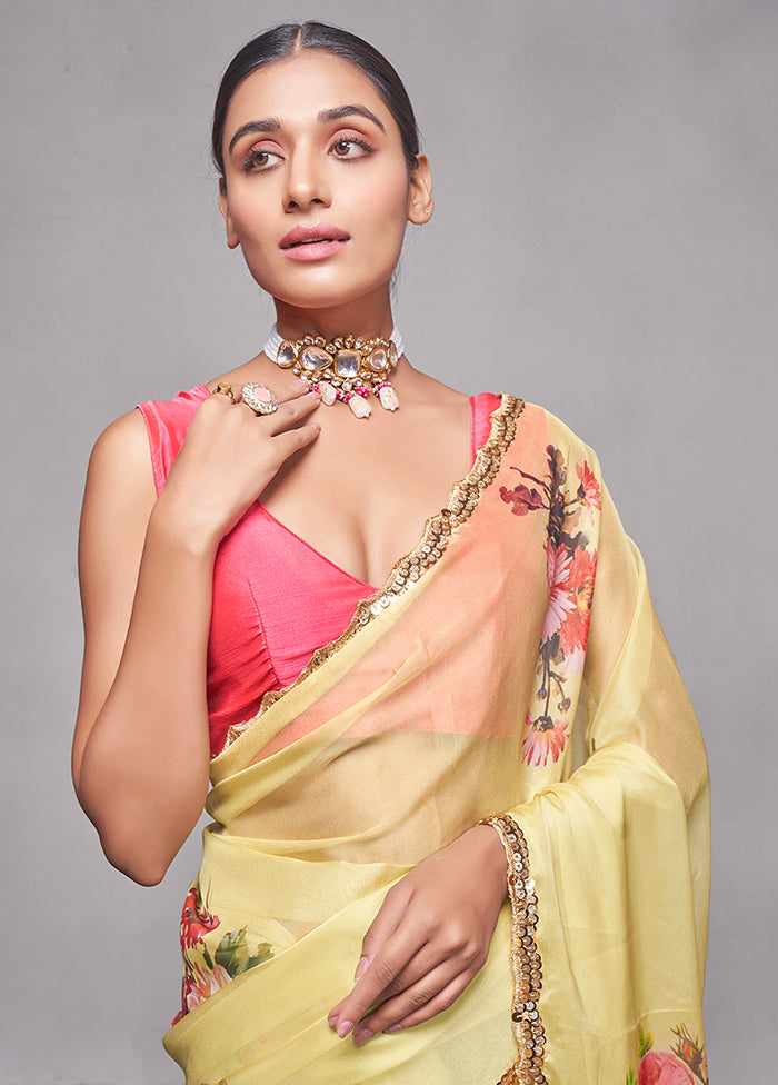 Yellow Organza Saree With Blouse Piece - Indian Silk House Agencies