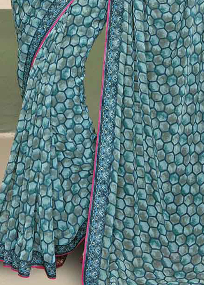 Teal Georgette Saree With Blouse Piece - Indian Silk House Agencies