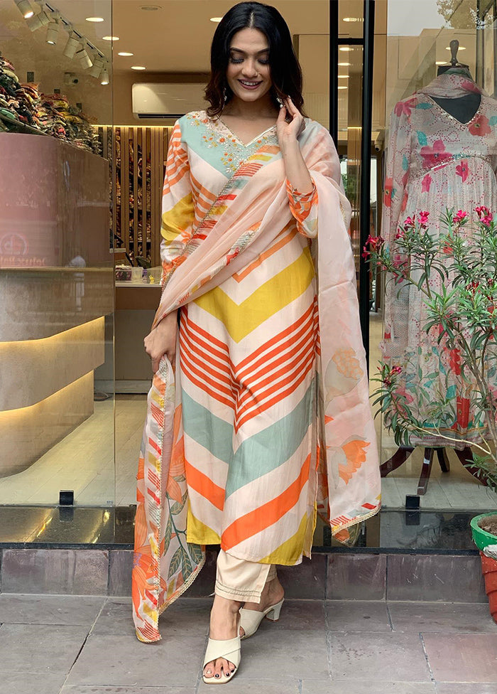 3 Pc Orange Readymade Silk Suit Set - Indian Silk House Agencies