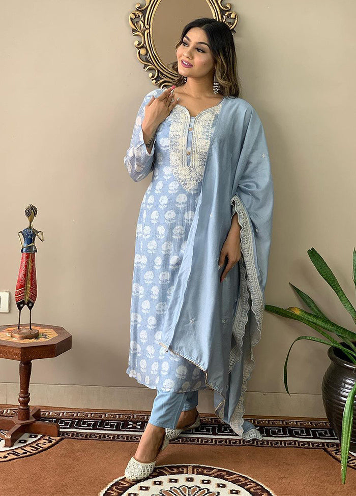 3 Pc Blue Readymade Viscose Suit Set - Indian Silk House Agencies