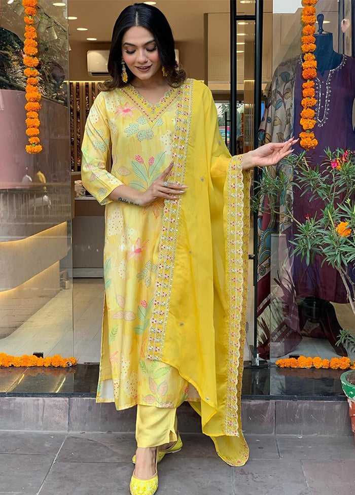 3 Pc Yellow Readymade Viscose Suit Set - Indian Silk House Agencies