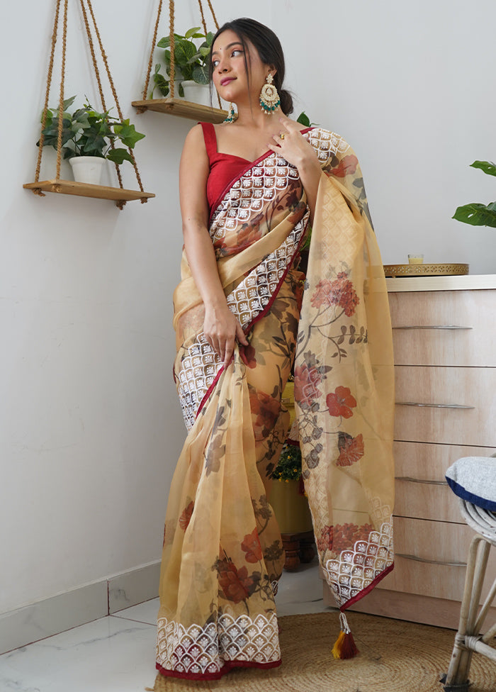 Mustard Organza Saree With Blouse Piece - Indian Silk House Agencies