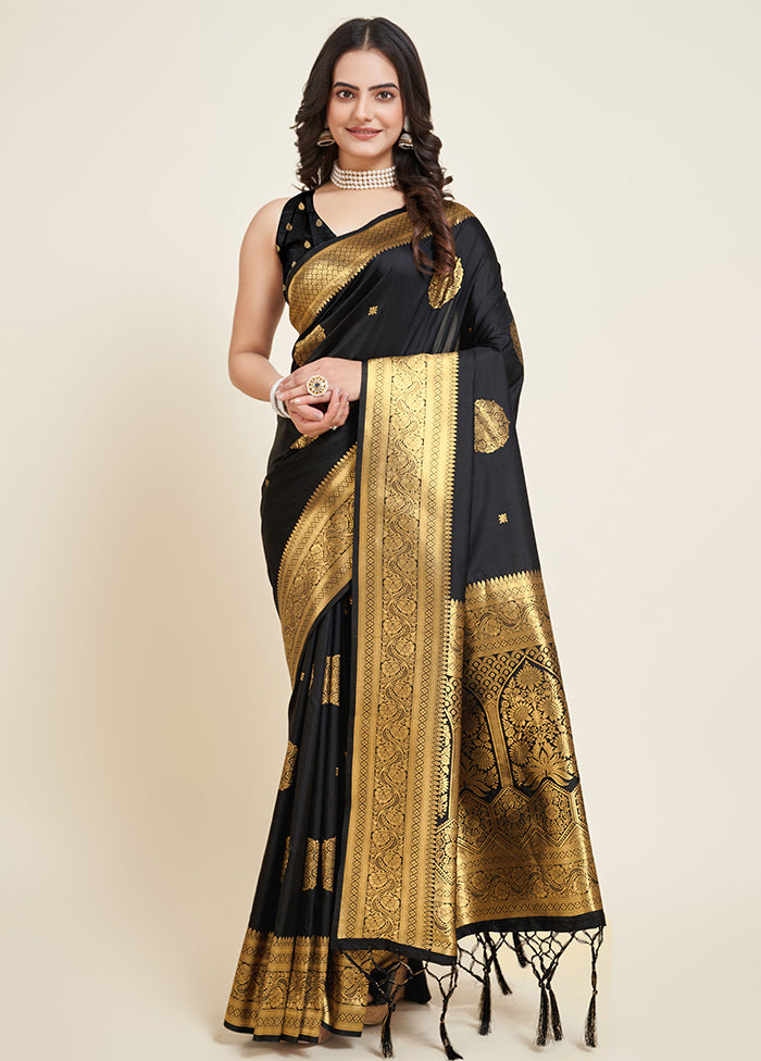 Black Dupion Silk Saree With Blouse Piece - Indian Silk House Agencies