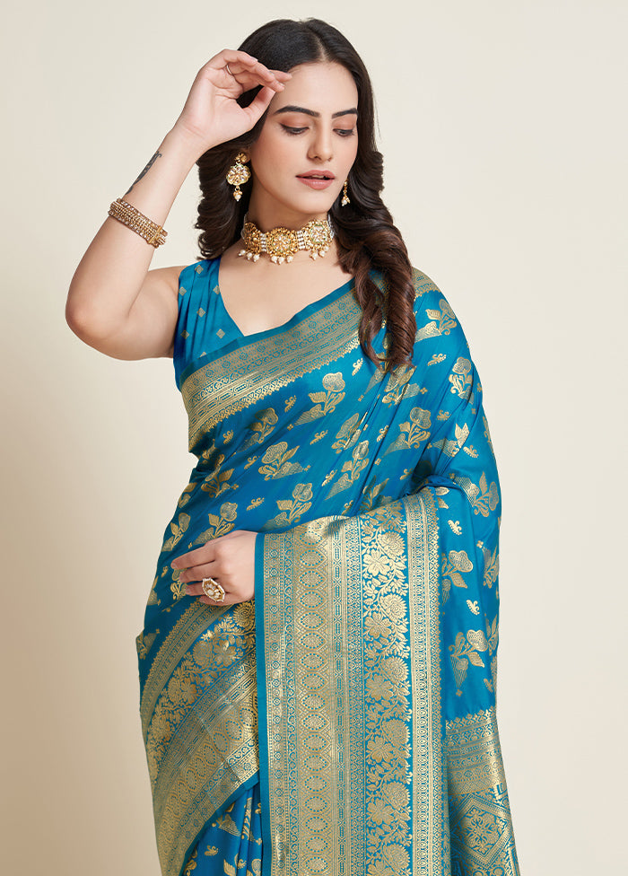 Blue Dupion Silk Saree With Blouse Piece - Indian Silk House Agencies