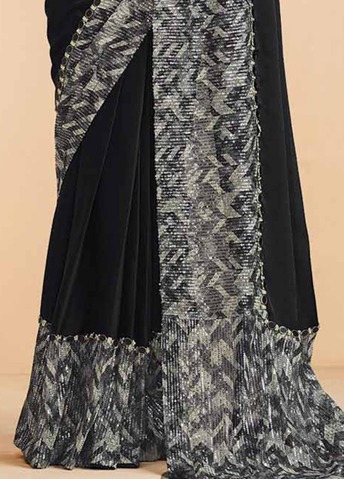 Black Dupion Silk Saree With Blouse Piece - Indian Silk House Agencies