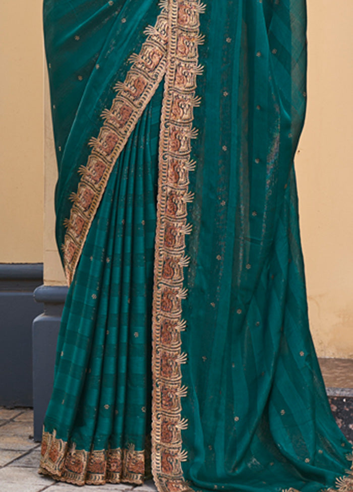 Teal Blue Dupion Silk Saree With Blouse Piece - Indian Silk House Agencies