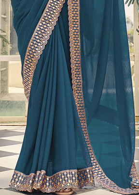 Teal Blue Silk Saree With Blouse Piece - Indian Silk House Agencies