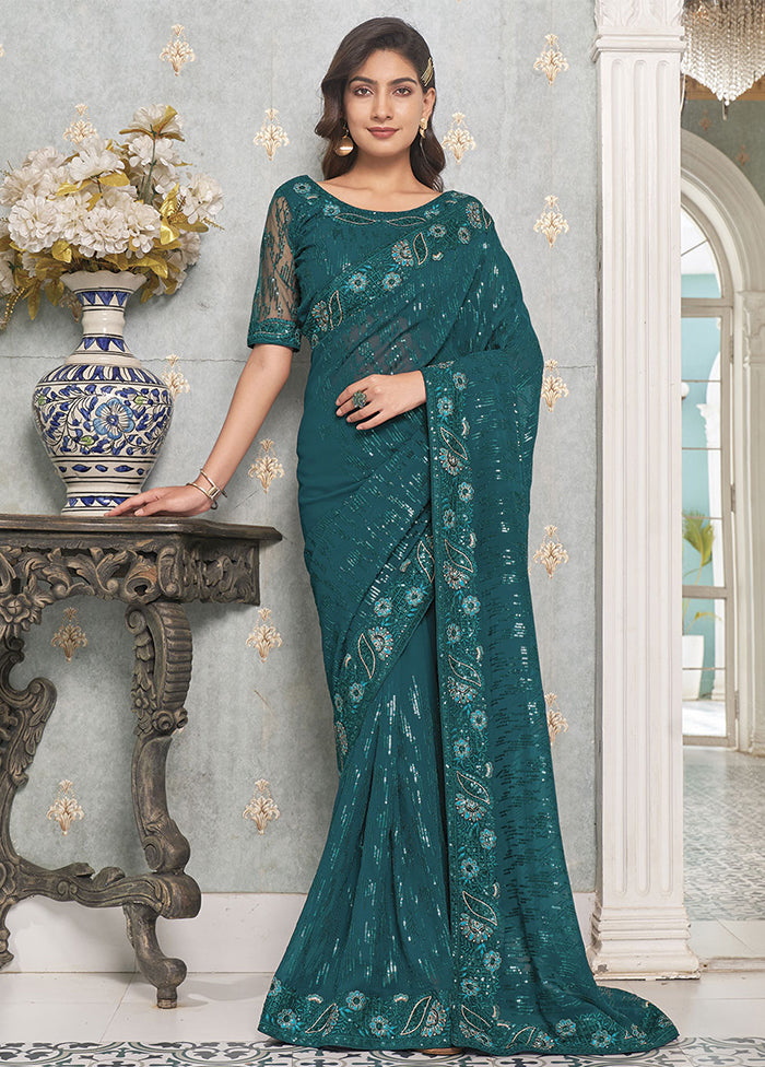 Teal Blue Georgette Saree With Blouse Piece - Indian Silk House Agencies