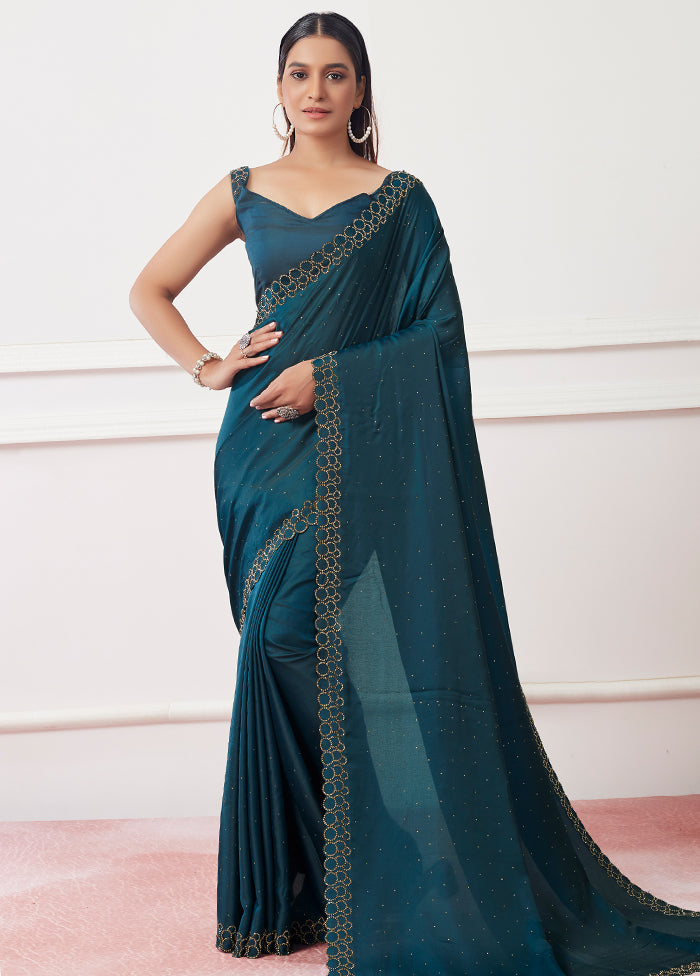 Teal Silk Saree With Blouse Piece - Indian Silk House Agencies
