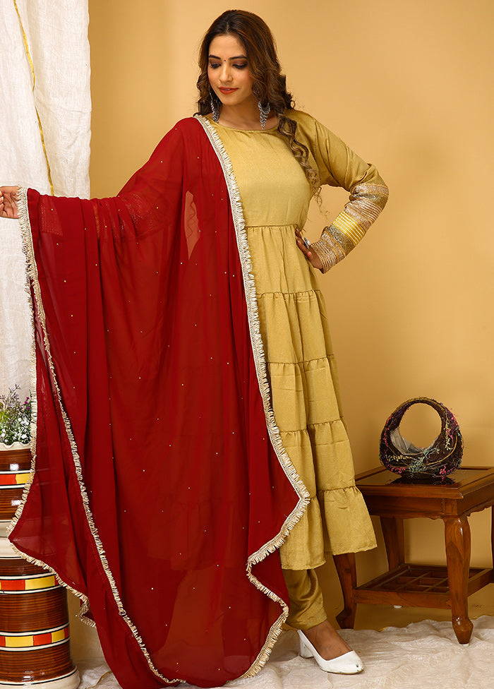 3 Pc Beige Readymade Silk Suit Set - Indian Silk House Agencies