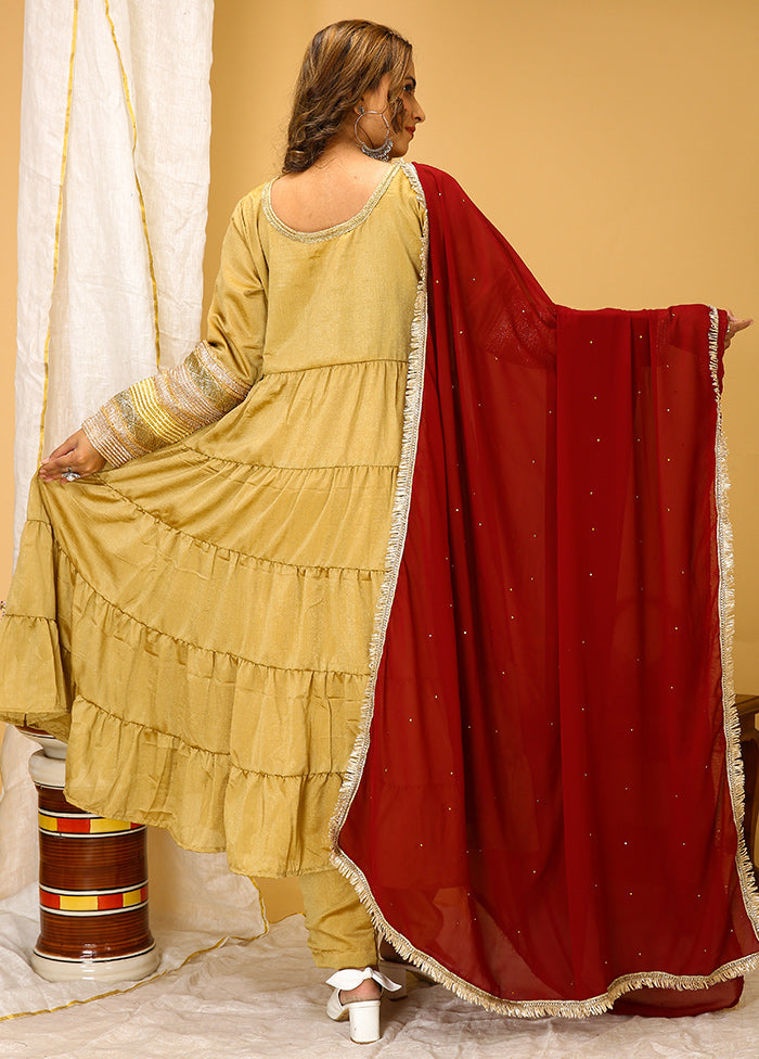 3 Pc Beige Readymade Silk Suit Set - Indian Silk House Agencies