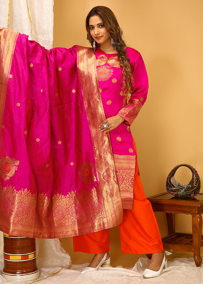 3 Pc Pink Readymade Silk Suit Set - Indian Silk House Agencies