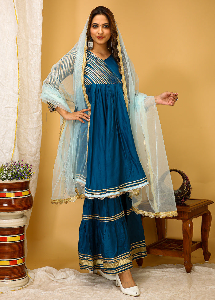 3 Pc Teal Blue Readymade Rayon Suit Set - Indian Silk House Agencies