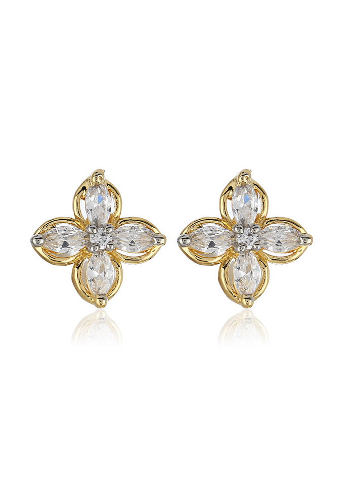 Estele 24 Kt Gold Plated American Diamond Pear Flower Stud Earrings for Girls and Women - Indian Silk House Agencies