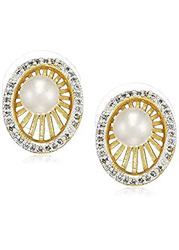 Estele 24 Kt Gold and Silver Plated American Diamond Pearl Oyster Stud Earrings - Indian Silk House Agencies