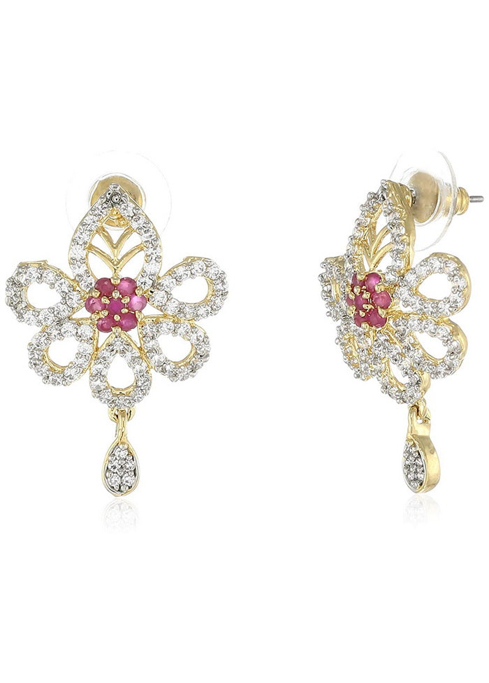Estele 24 Kt Gold and Silver Plated American Diamond and Ruby Indian Dangle Earrings - Indian Silk House Agencies