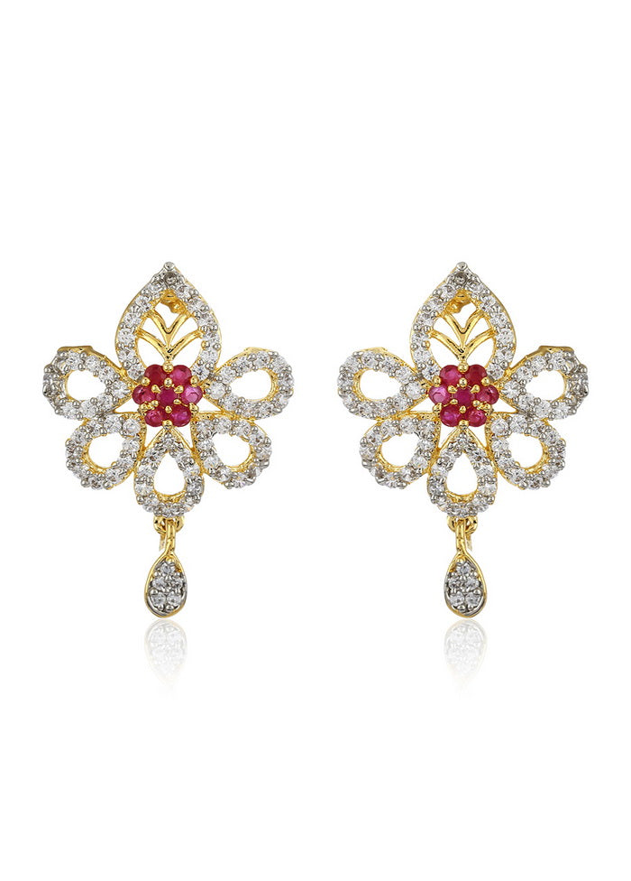 Estele 24 Kt Gold and Silver Plated American Diamond Peacock Flower Dangle Earrings - Indian Silk House Agencies
