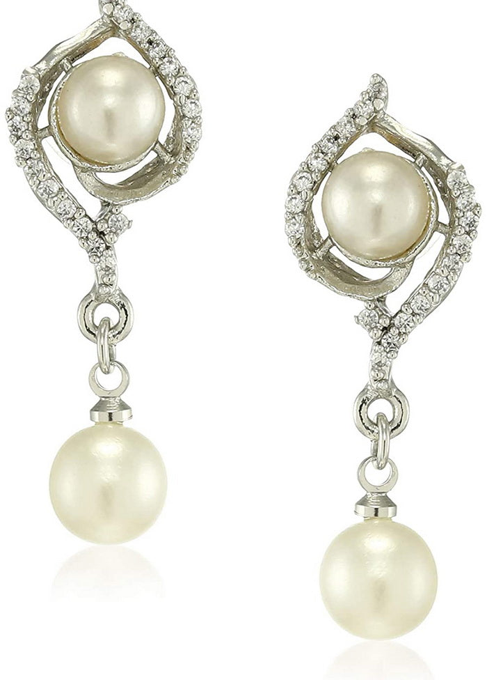 Estele Rhodium Plated American Diamond with Pearl Drop Earrings for Women - Indian Silk House Agencies