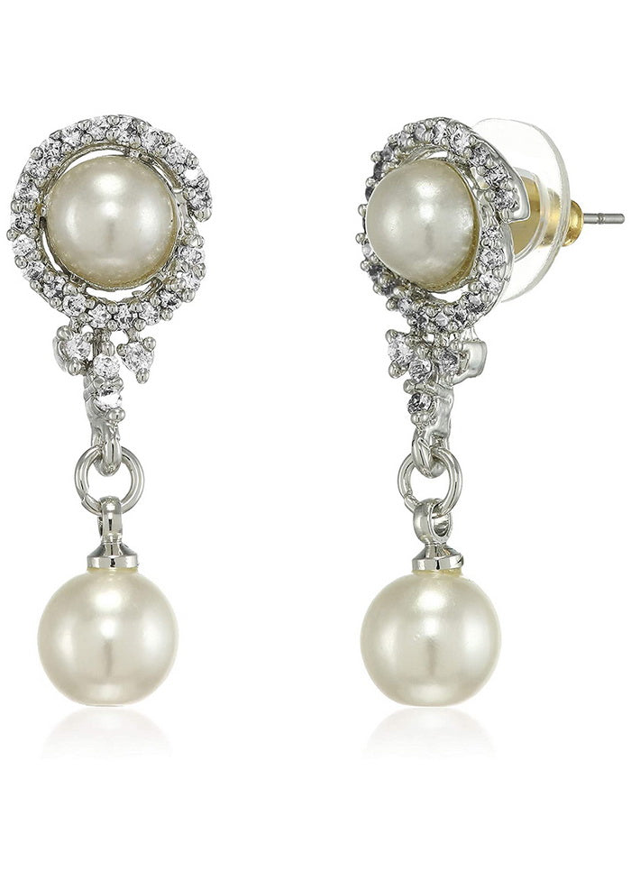 Estele Brass Gold Rhodium Plated American Diamond Round pearl Drop Earrings for Girls - Indian Silk House Agencies