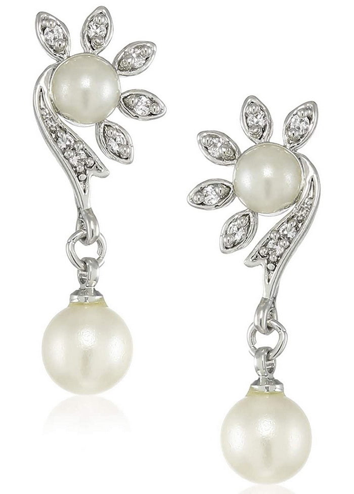 Estele Rhodium Plated American Diamond Pearl flower Drop Earrings - Indian Silk House Agencies
