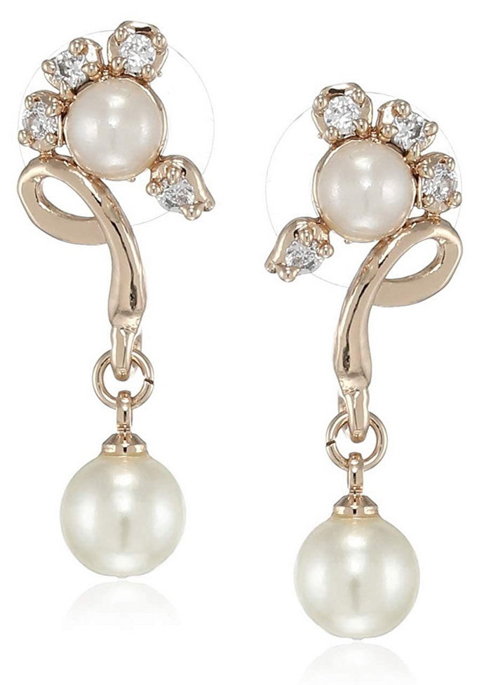 Estele Rhodium Plated American Diamond Pearl flower Drop Earrings - Indian Silk House Agencies