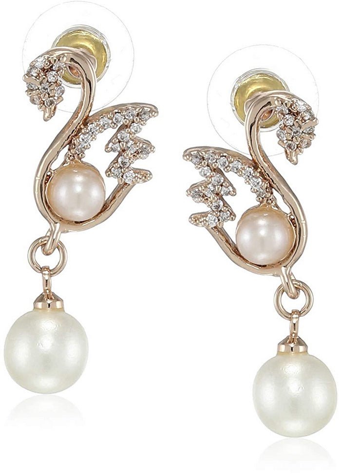 Estele 24 Kt Rose Gold Plated American Diamond Swan Round Pearl Drop Earrings - Indian Silk House Agencies