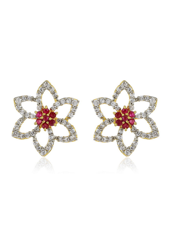 Estele 24 Kt Gold and Silver Plated American Diamond Ruby Butti Stud Earrings - Indian Silk House Agencies
