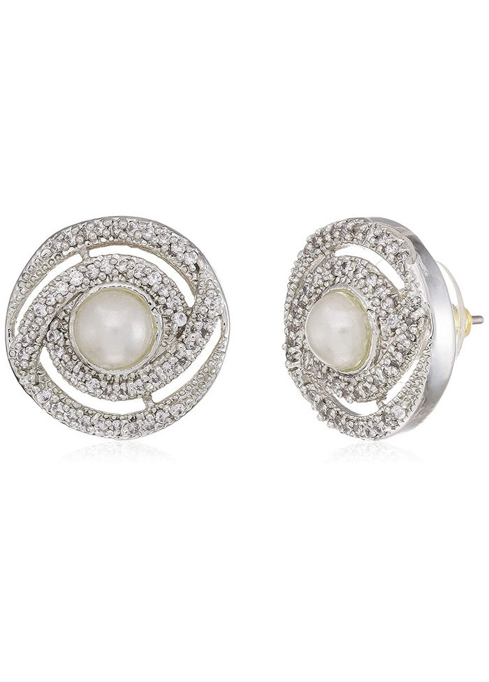 Estele Rhodium Plated American Diamond Pearl Stud Earrings For Women Gold One Size - Indian Silk House Agencies