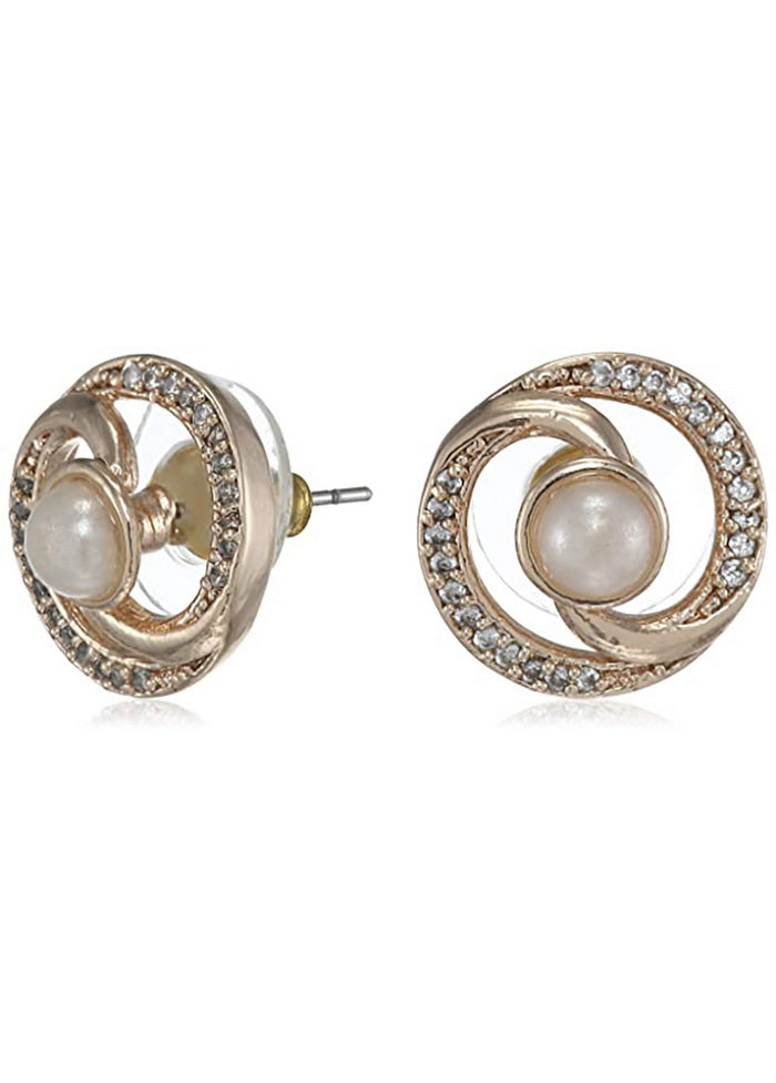 Estele Brass 24 Kt Rose Gold Plated American Diamond Clock Pearl Stud Earrings for Girls - Indian Silk House Agencies