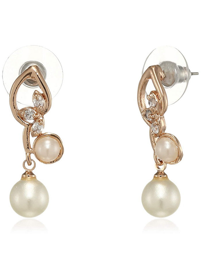 Estele Brass 24 Kt Rose Gold Plated American Diamond Pearl Leaf Drop Earrings for Girls - Indian Silk House Agencies