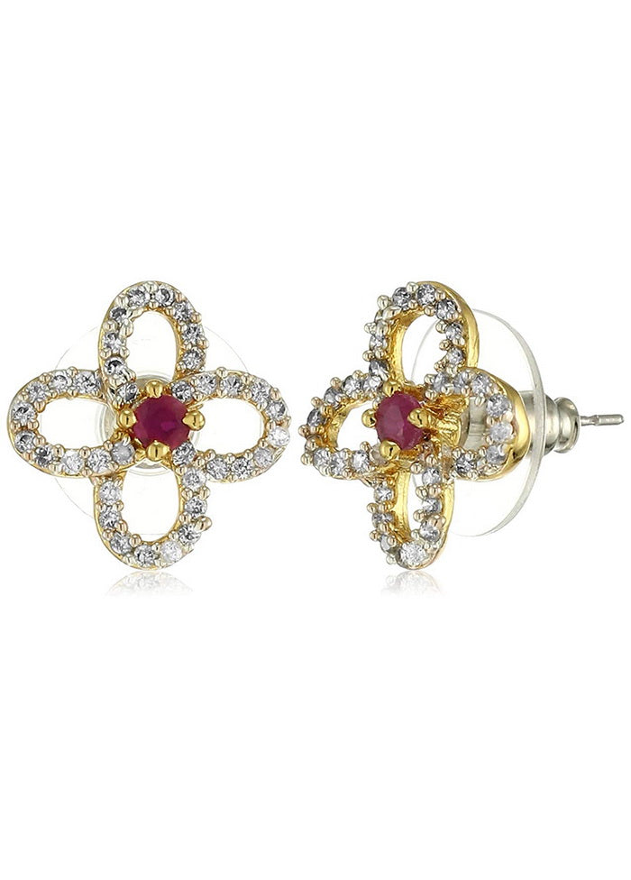Estele Brass 24 Kt Gold and Silver Plated American Diamond Ruby Primrose Stud Earrings for Girls - Indian Silk House Agencies