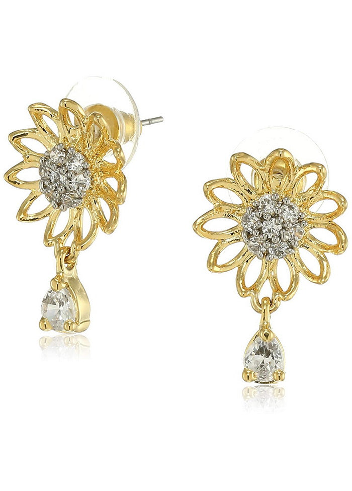 Estele 24 Kt Gold Plated American Diamond Flower Petal Drop Earrings for Women - Indian Silk House Agencies